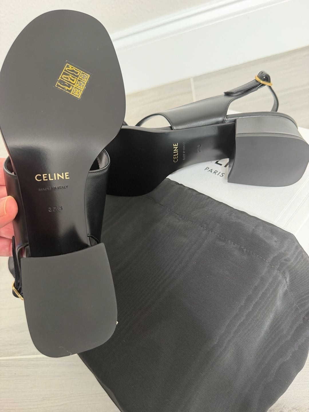 New CELINE Clémence Triomphe Slingback Sandals 40 Black Calfskin Leather