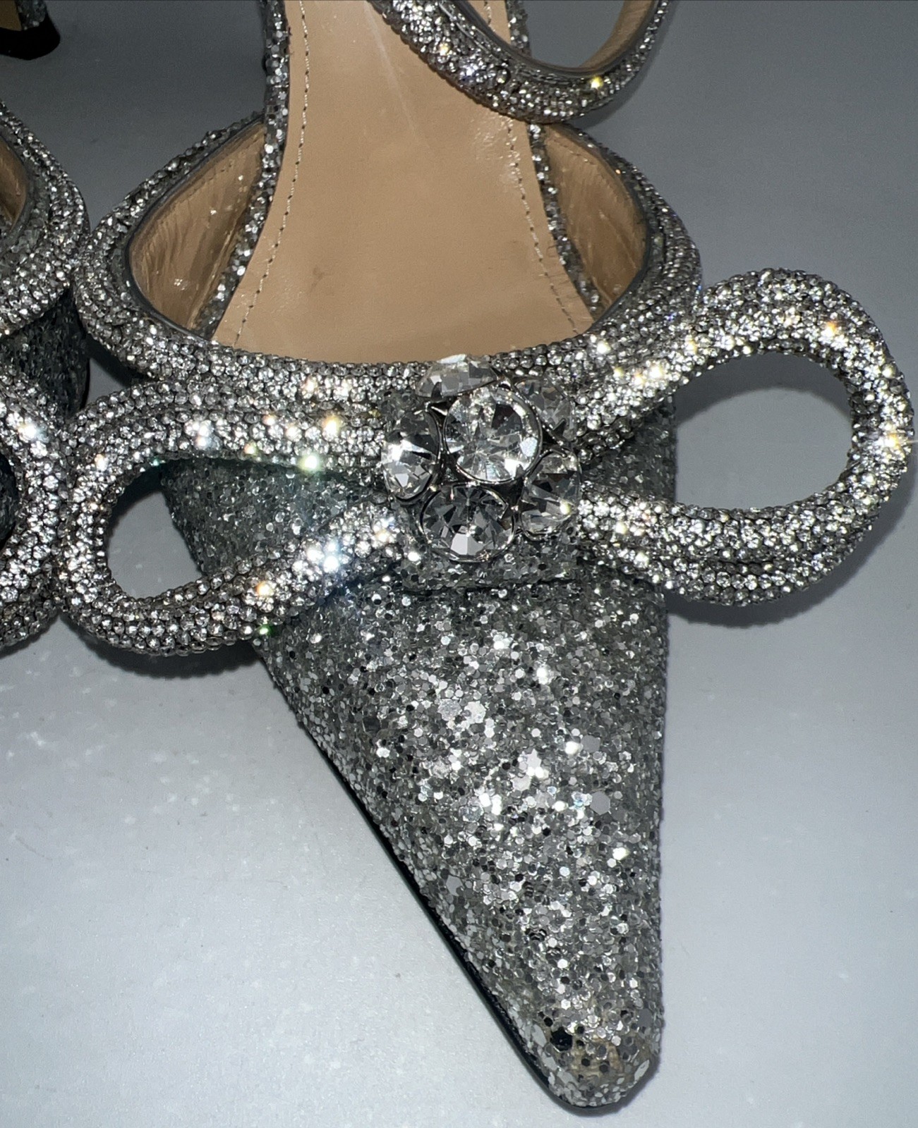 Mach & Mach Double Bow Glitter Crystal Embellished Heels Leather Women’s EU 39.5