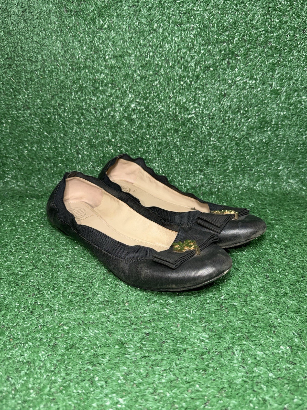 Tory Burch Shoes Women Size 9.5 Black Leather Gold Grosgrain Bow Sedgwick Ballet