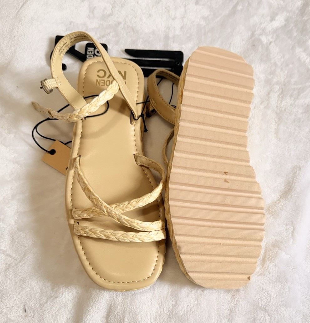 Madden NYC Women’s Beige Braided Strappy Ankle Strap Buckle Sandals 6.5