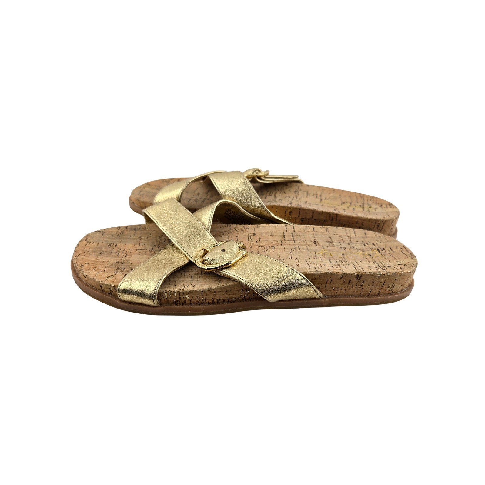 Lilly Pulitzer Bayshore Gold Metallic Leather Cork Slide Sandals Buckle 10 M