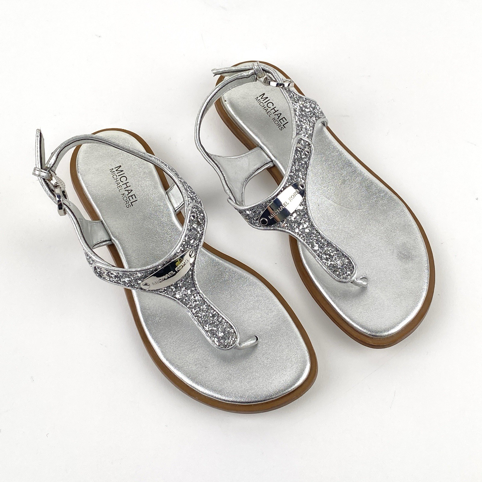 Michael Kors MK Plate Silver Glitter Thong Ankle Strap Sandals Women’s Size 6.5M