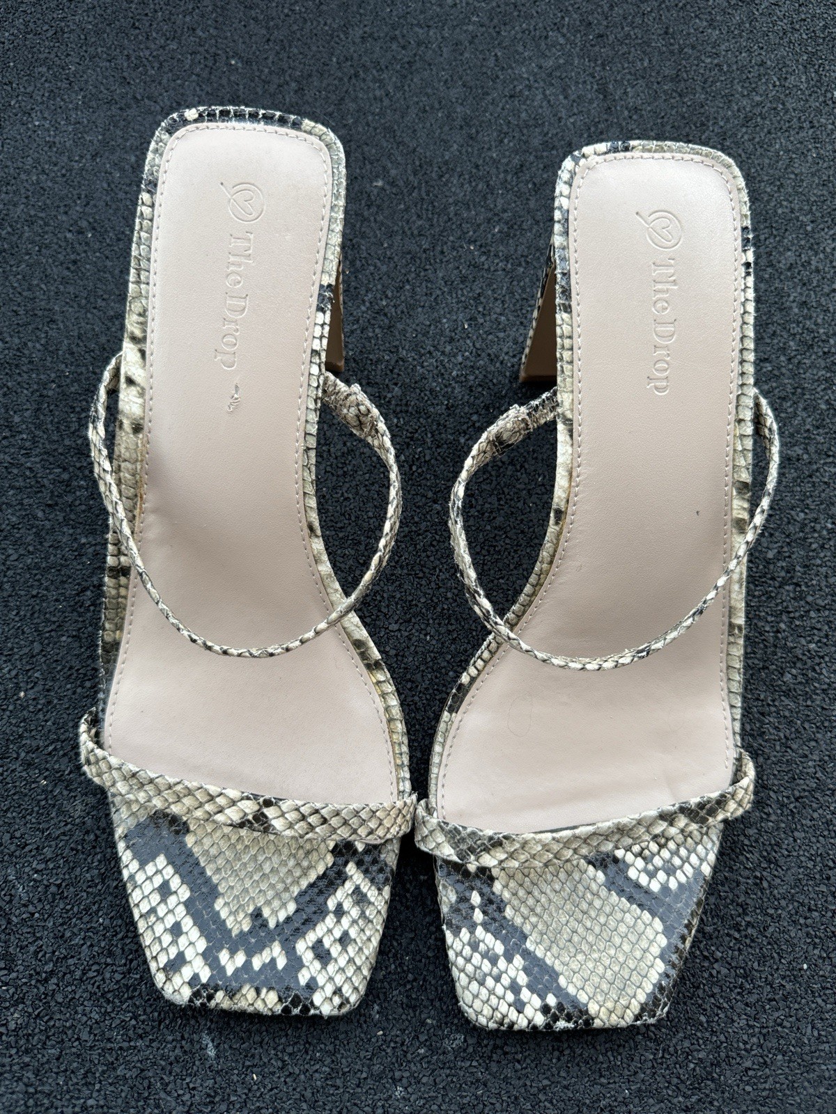 The Drop Snakeskin Strappy Mule Heels Square Toe Womens 9.5