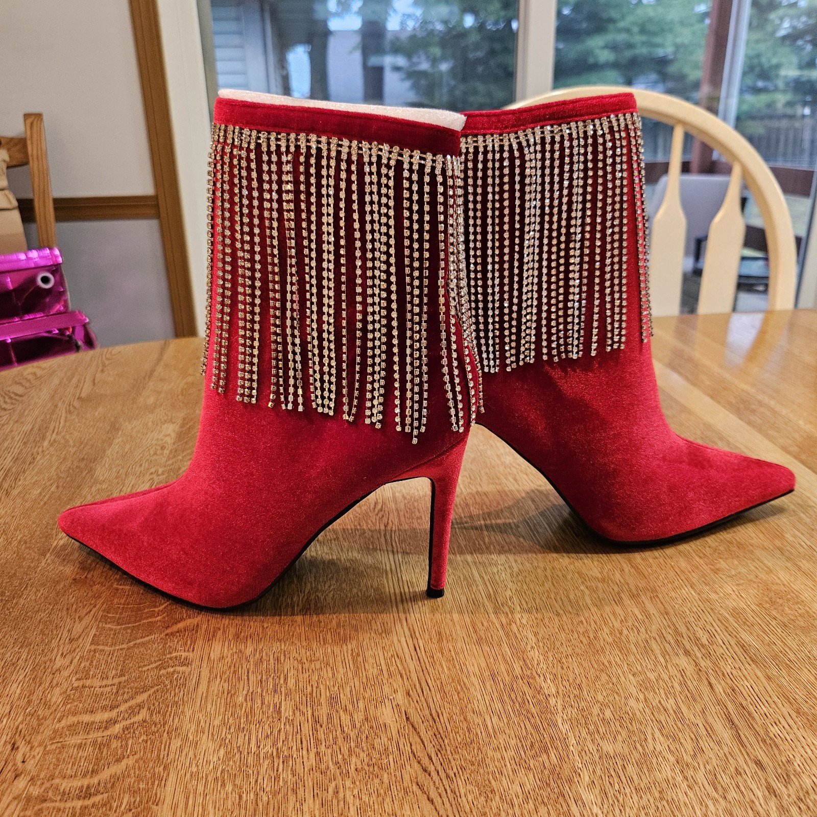 Red Velvet Bootie Stilettos With Dangling Rhinestones, Sz 9, NIB