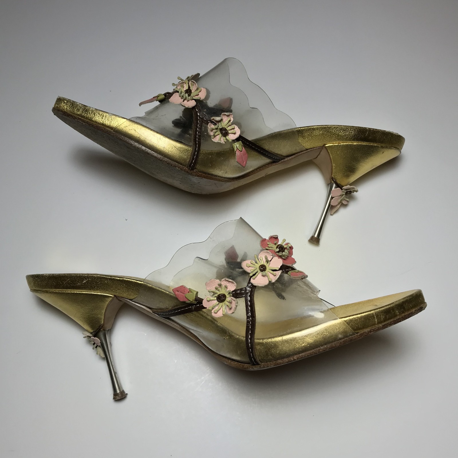 Prada Vintage Y2K Geisha Cherry Blossom Floral Applique Gold PVC Mules 38