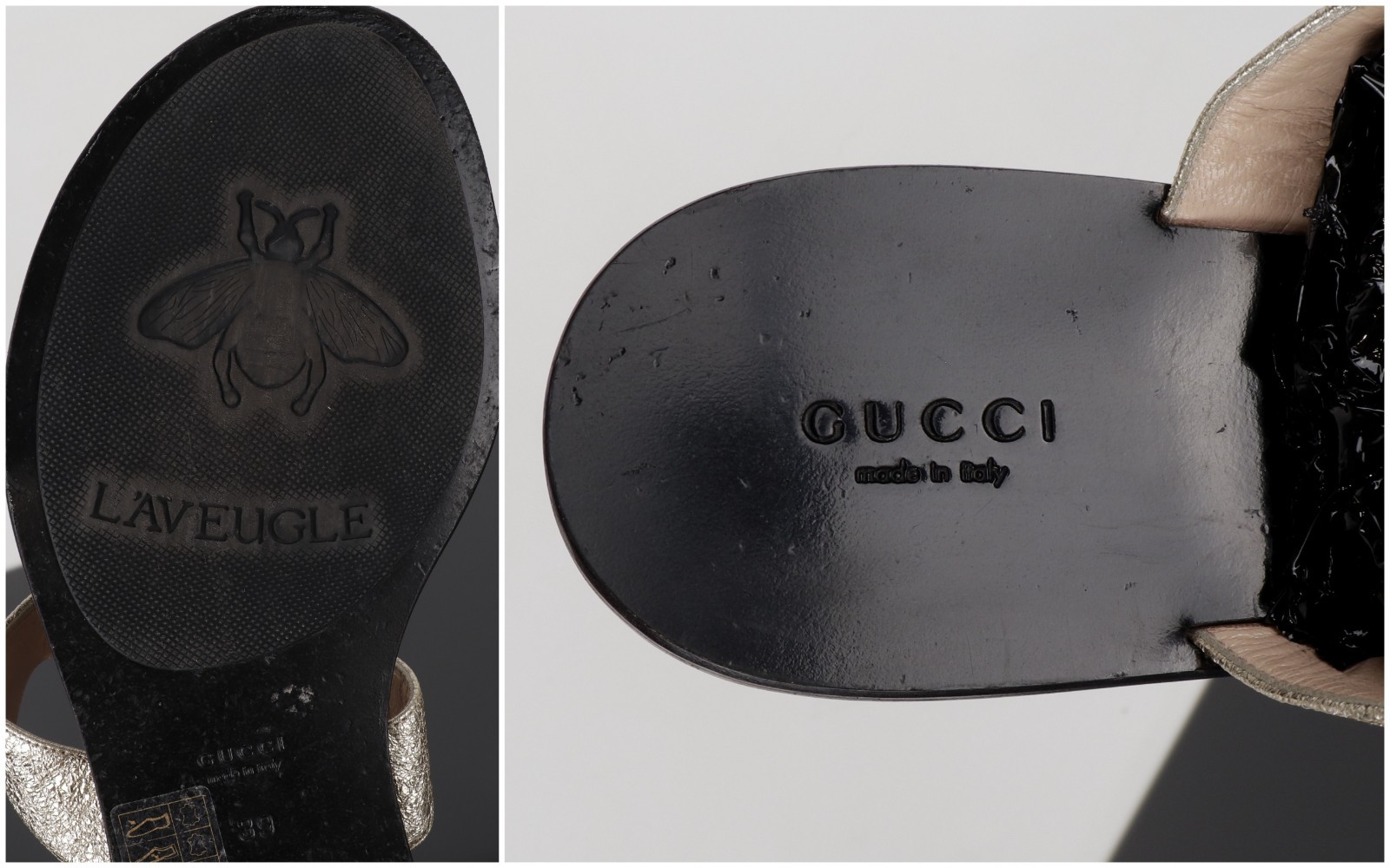 Gucci GG Marmont Metallic Logo EU39 US8 Platino Gold Leather Thong Flat Sandals