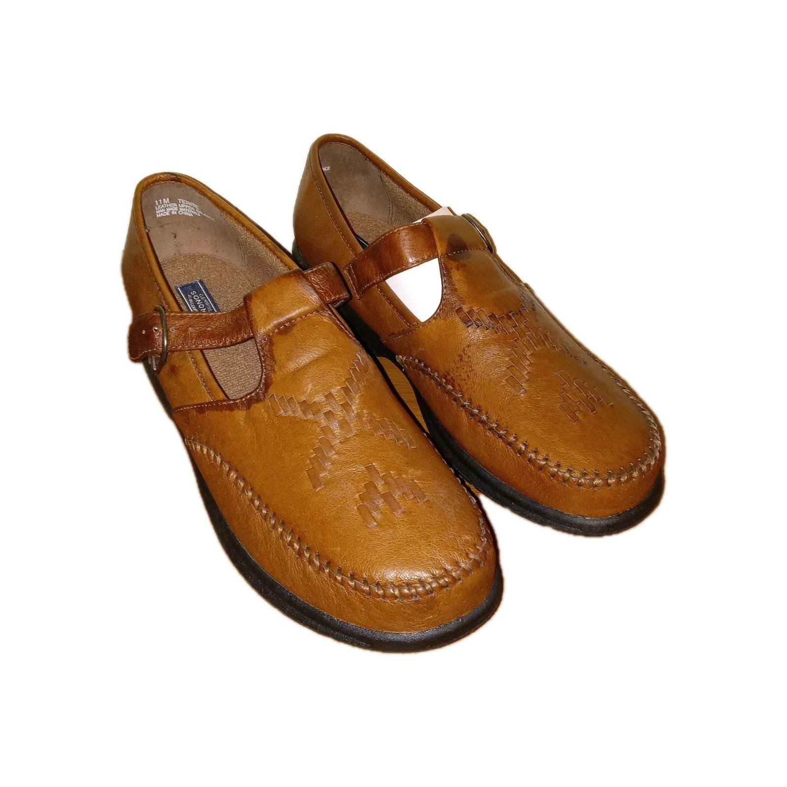 Vtg Sonoma Mary Jane Loafers Womens 11 Brown Woven Leather Buckle Preppy Boho