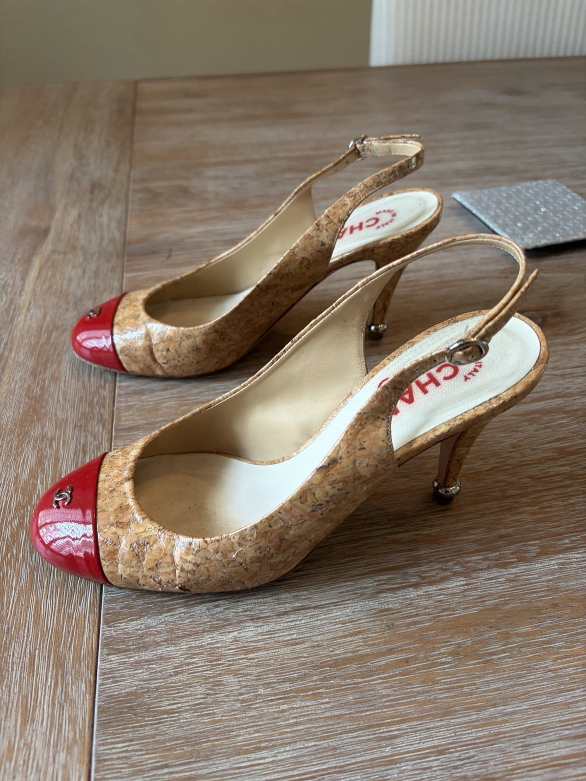 CHANEL Cork Slingback Heels Red Cap Toe CC Logo Buckle Women’s EU 38