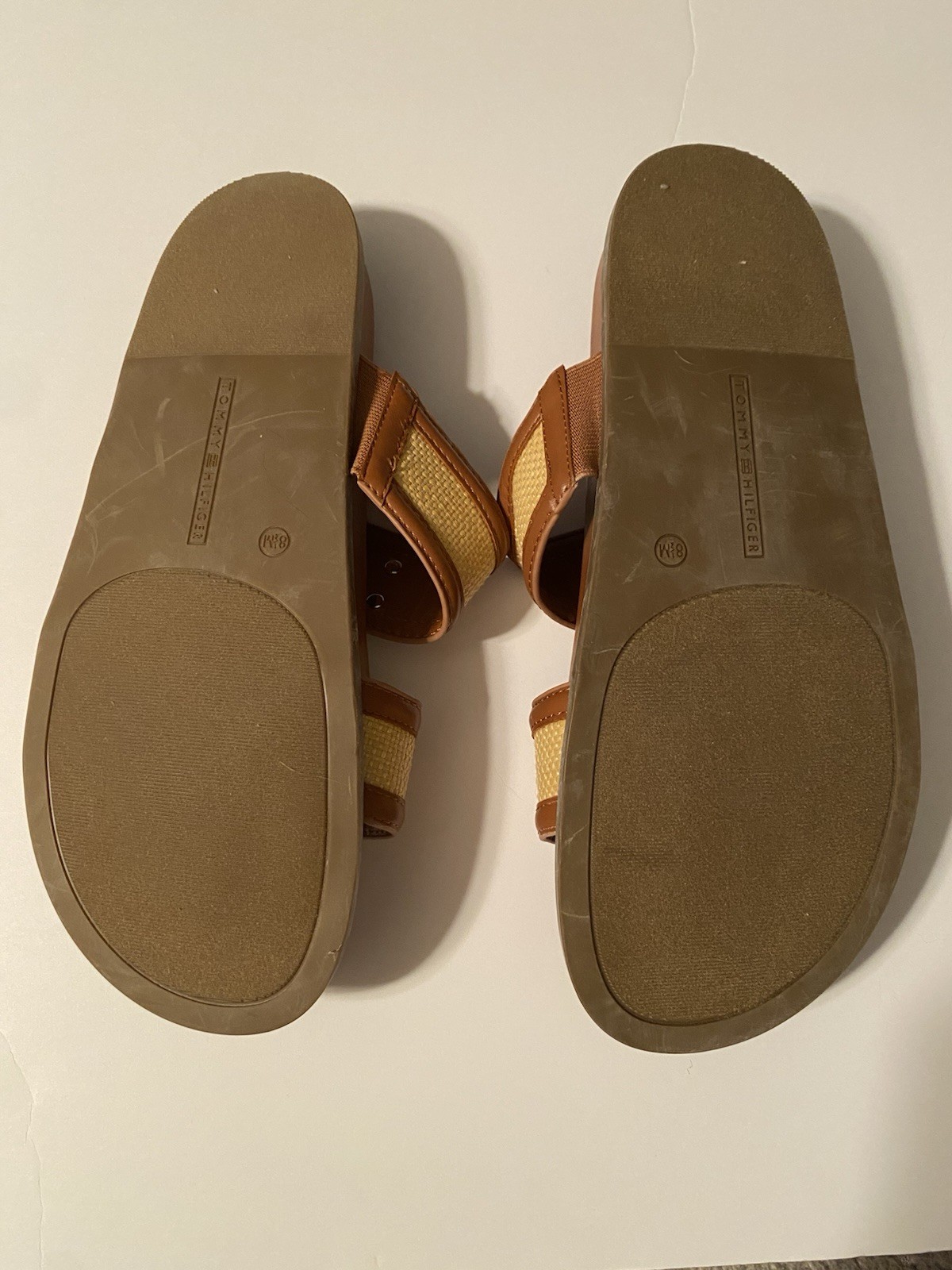 Tommy Hilfiger Women’s Sandals 8.5 Brown Tan Logo Straps Slides Flats NEW