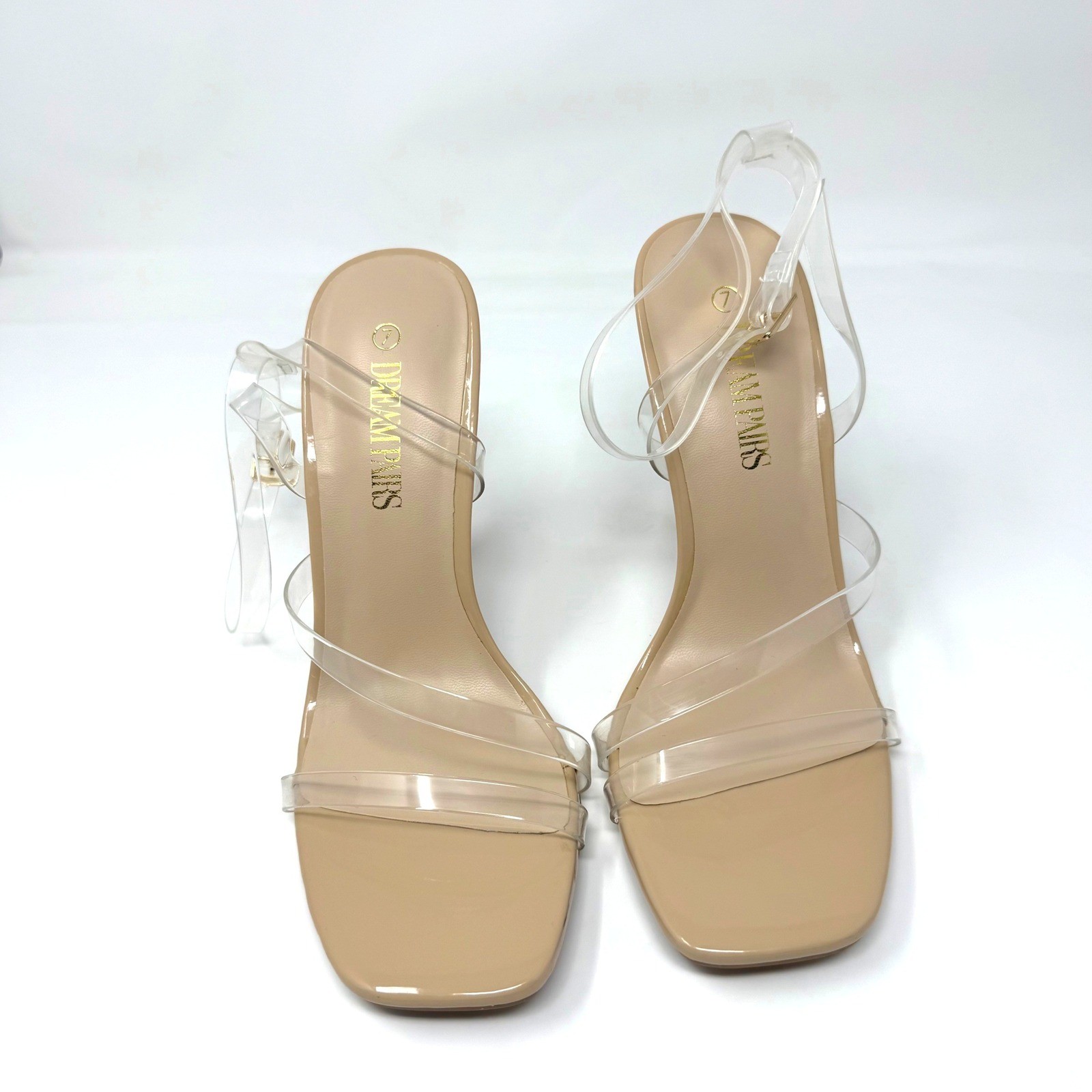 Dream Pairs Womens Nude Clear Strap Square Toe Stiletto High Heel Sandals Size 7