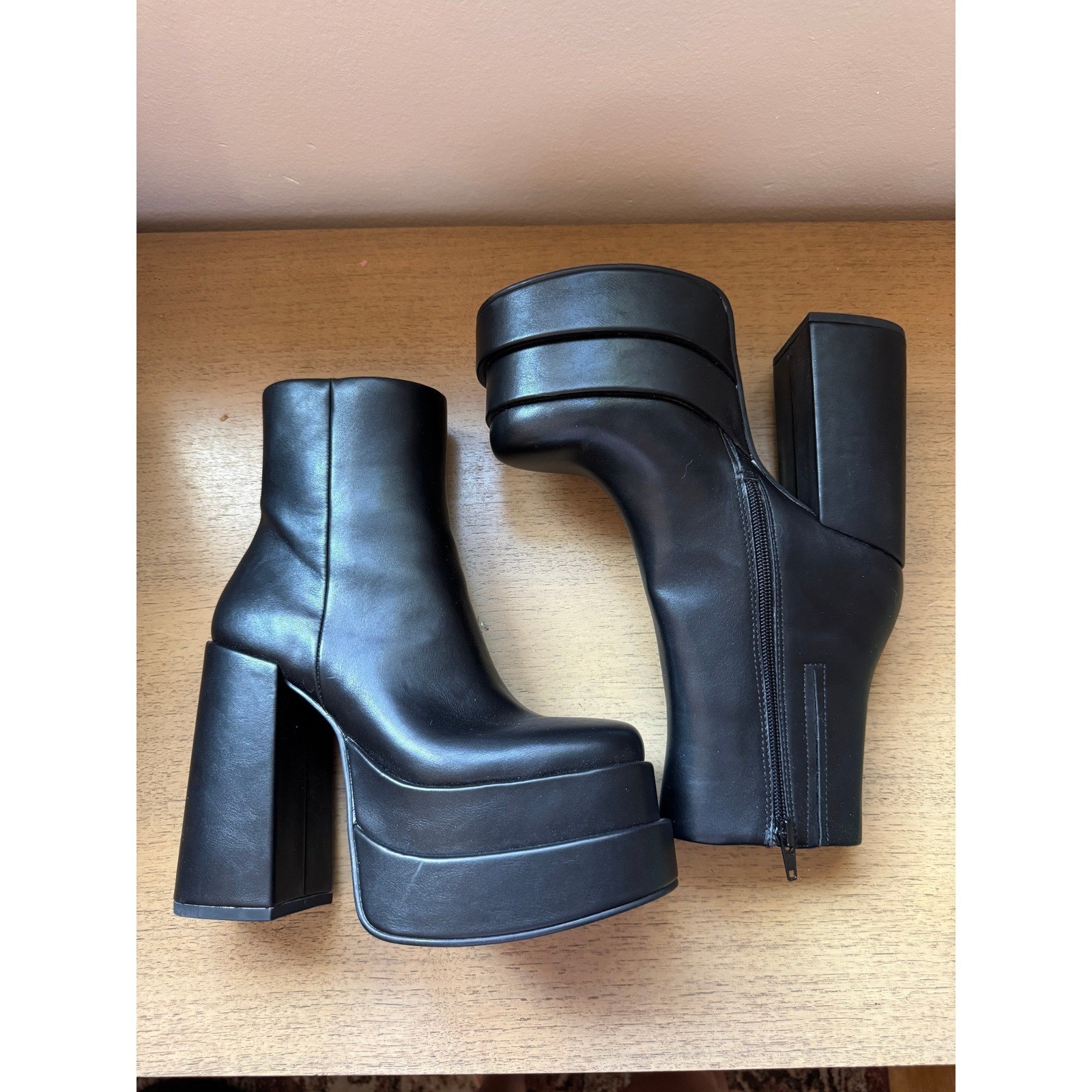 Steve Madden Black Double Platform Ankle Boots Cobra Block Heel Vegan Leather
