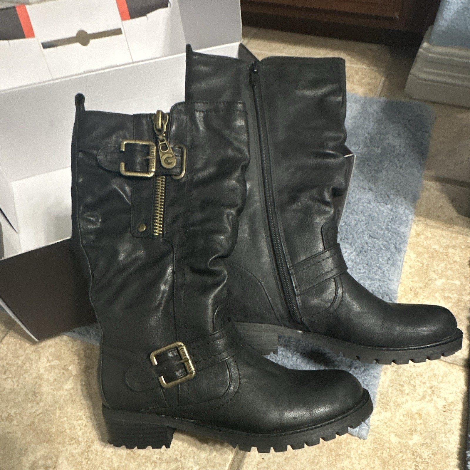 G by GUESS Yvone Black Leather Knee High Riding Boots Zipper Buckle Women 5.5M