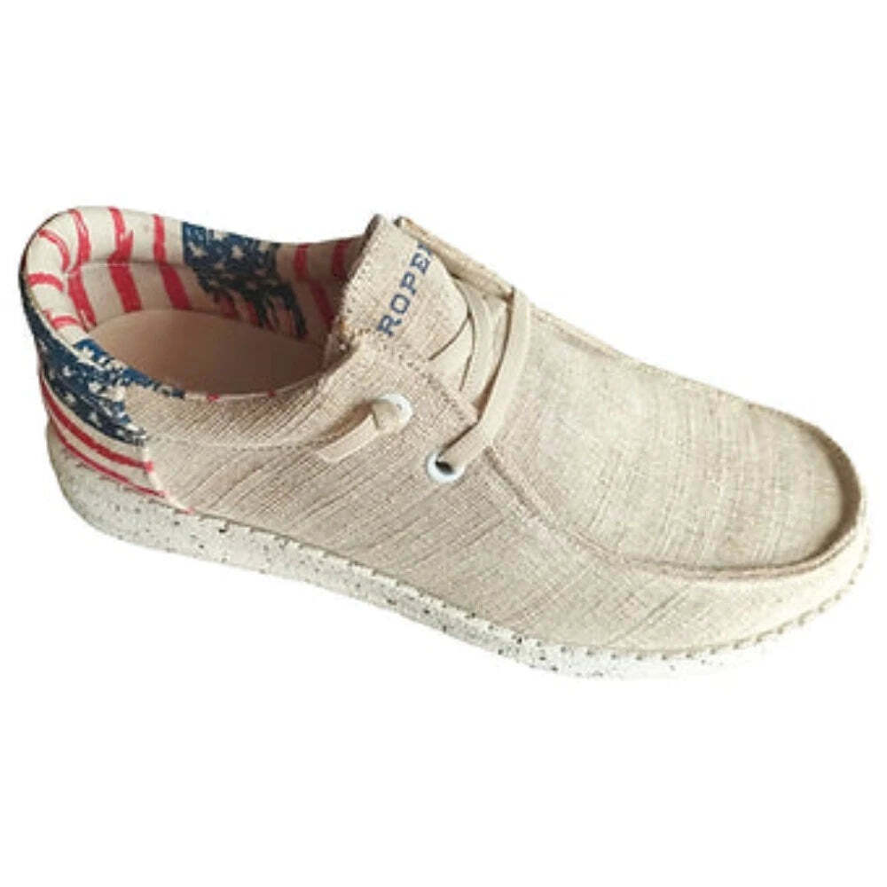 New! Roper Women’s Tan CANVAS SHOE w/ USA FLAG HEEL Size 5 6 7 8 9 10 11