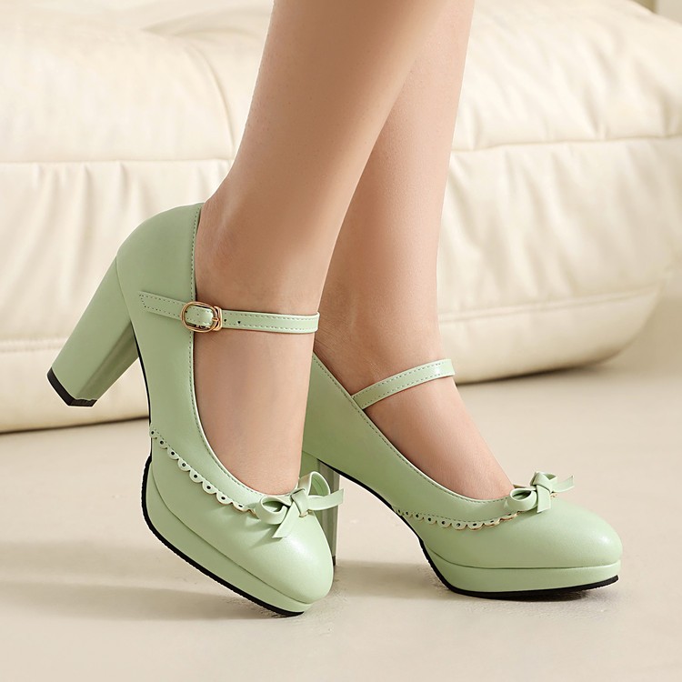 Women’s Block Heel Buckle Bow Mary Jane Casual Pump Sweet Ankle Strap Work Shoes