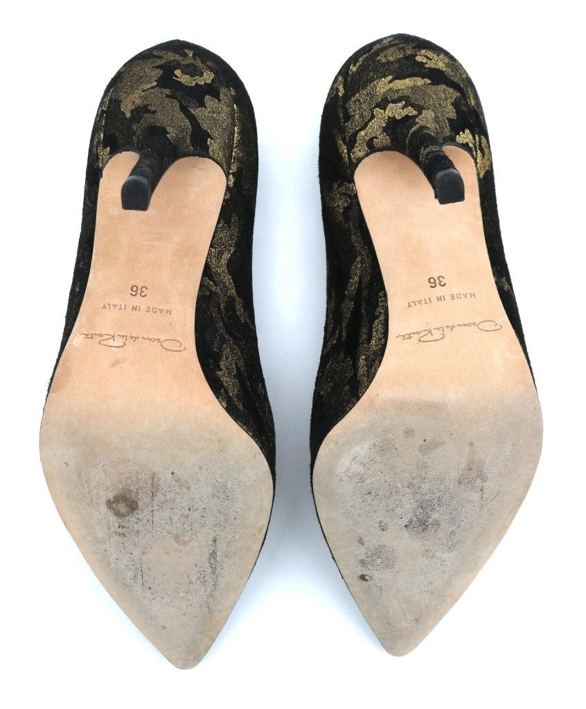 Oscar de la Renta Black Gold Metallic velvet suede 4″ Stiletto Heels Shoe Pump36