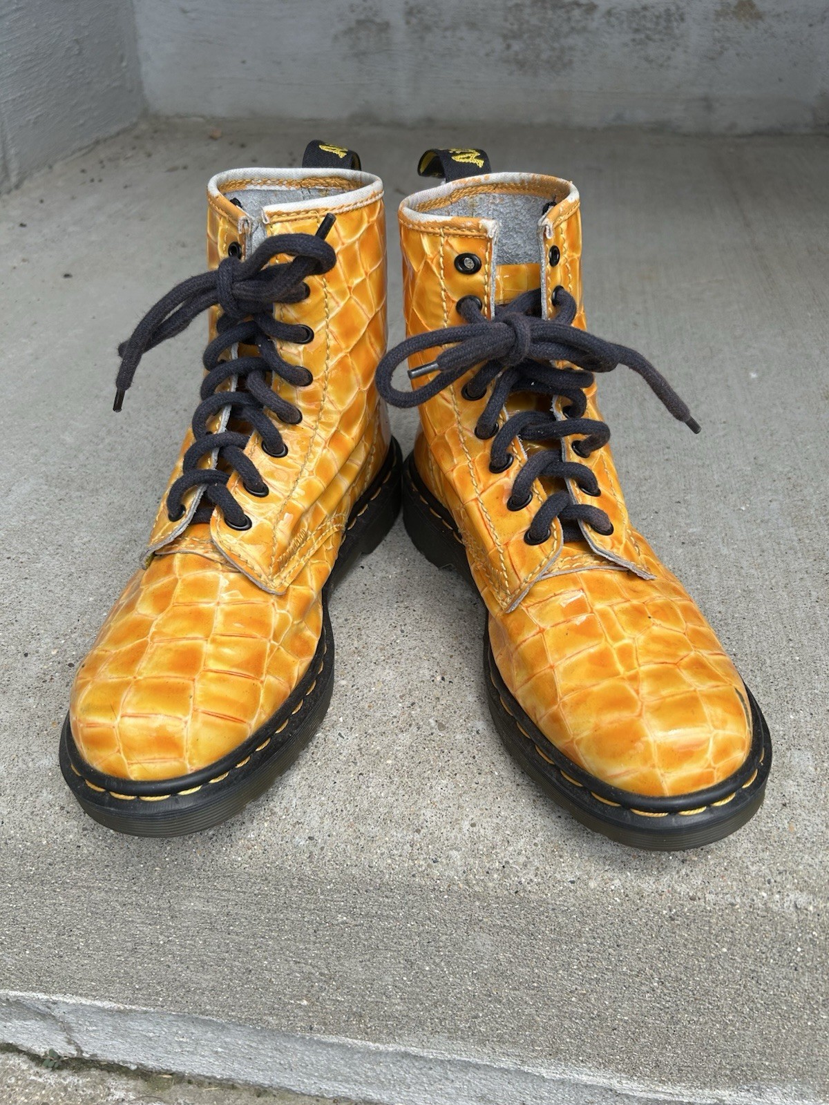 Dr. Martens AW004 Orange Croc Embossed Leather 8-Eye Lace-Up Ankle Boots 6