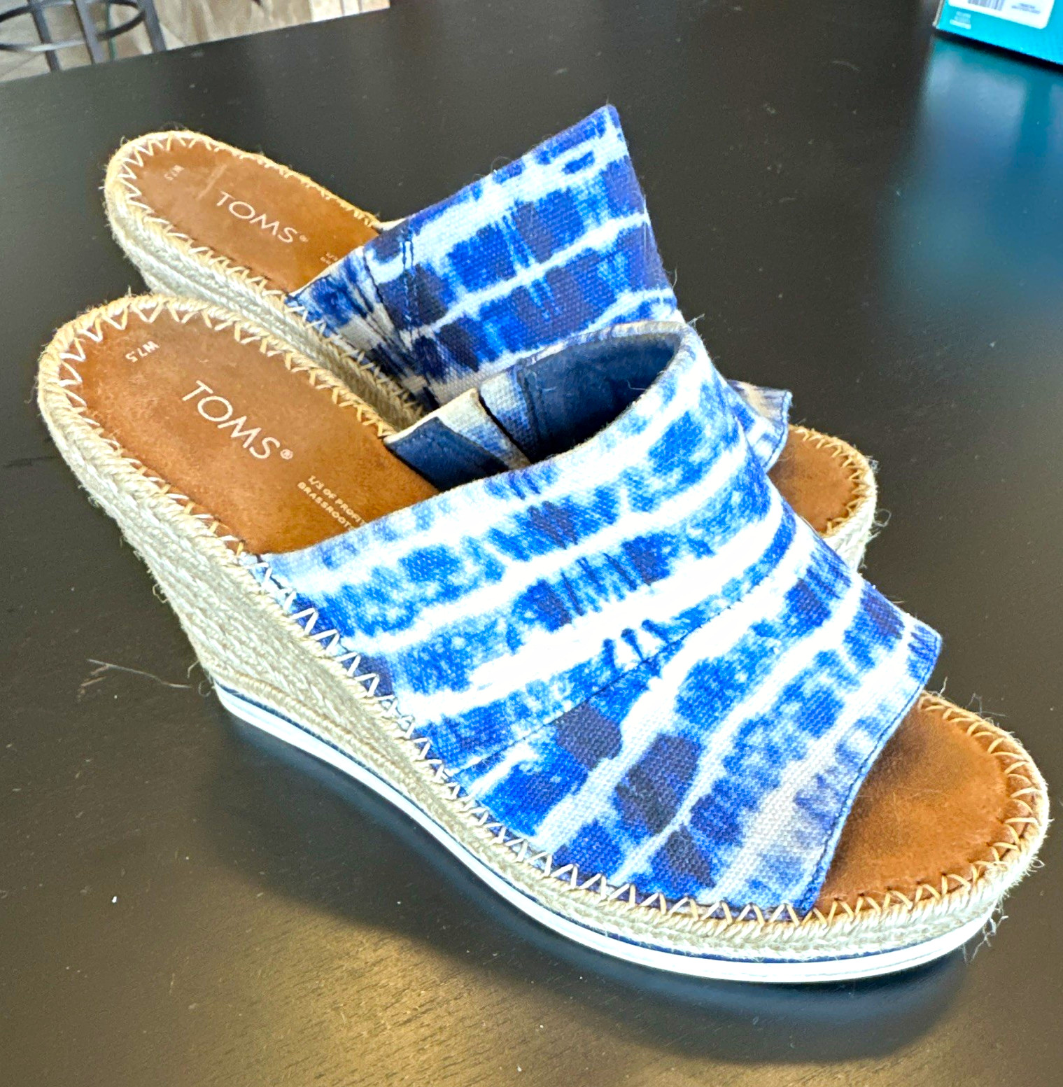TOMS Blue White Tie Dye Wedge Slide Sandals Slip On US 7.5 EU 38 UK 5.5