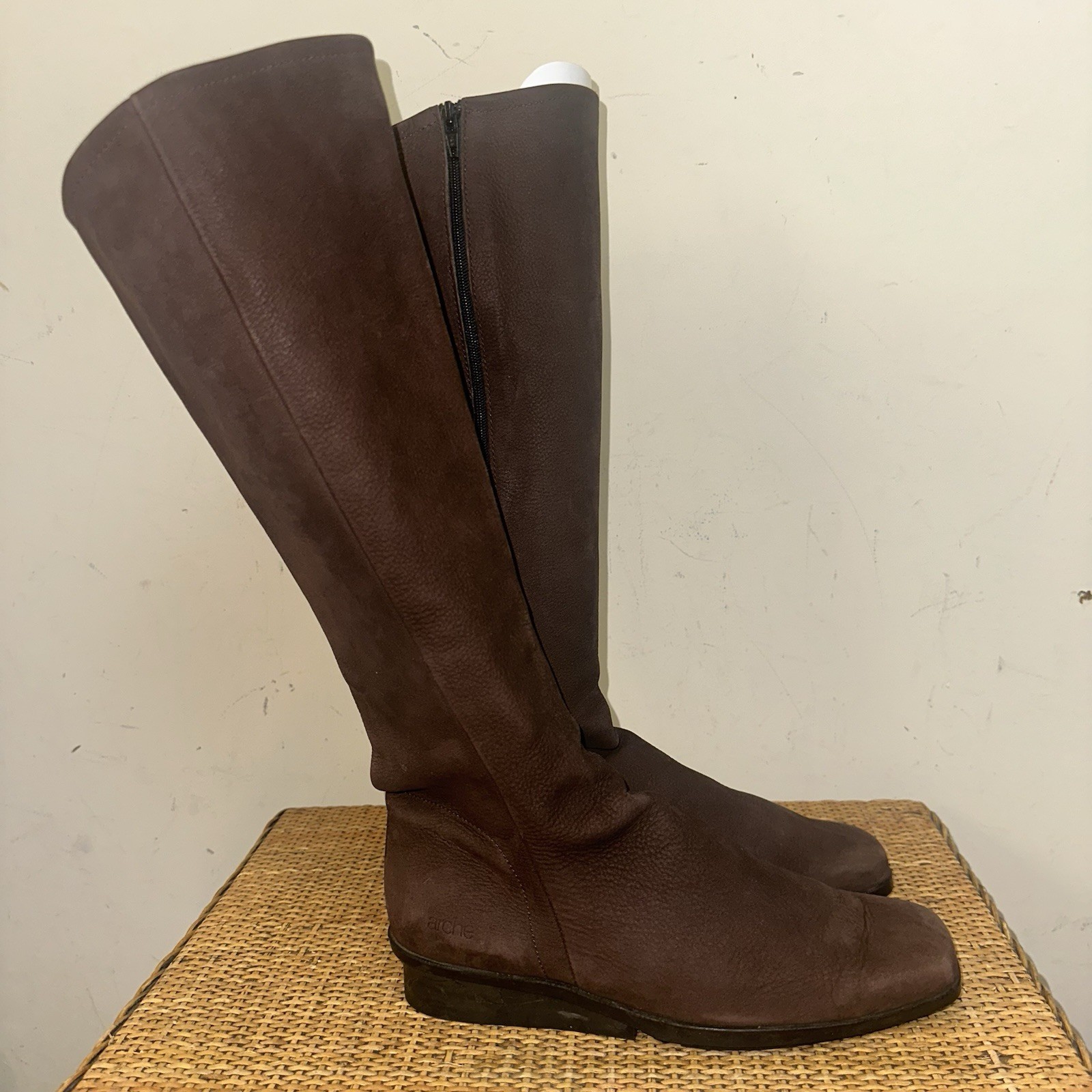 arche France Women’s 7 Wedge Heel Mid Calf High Boot Brown Leather Equestrian