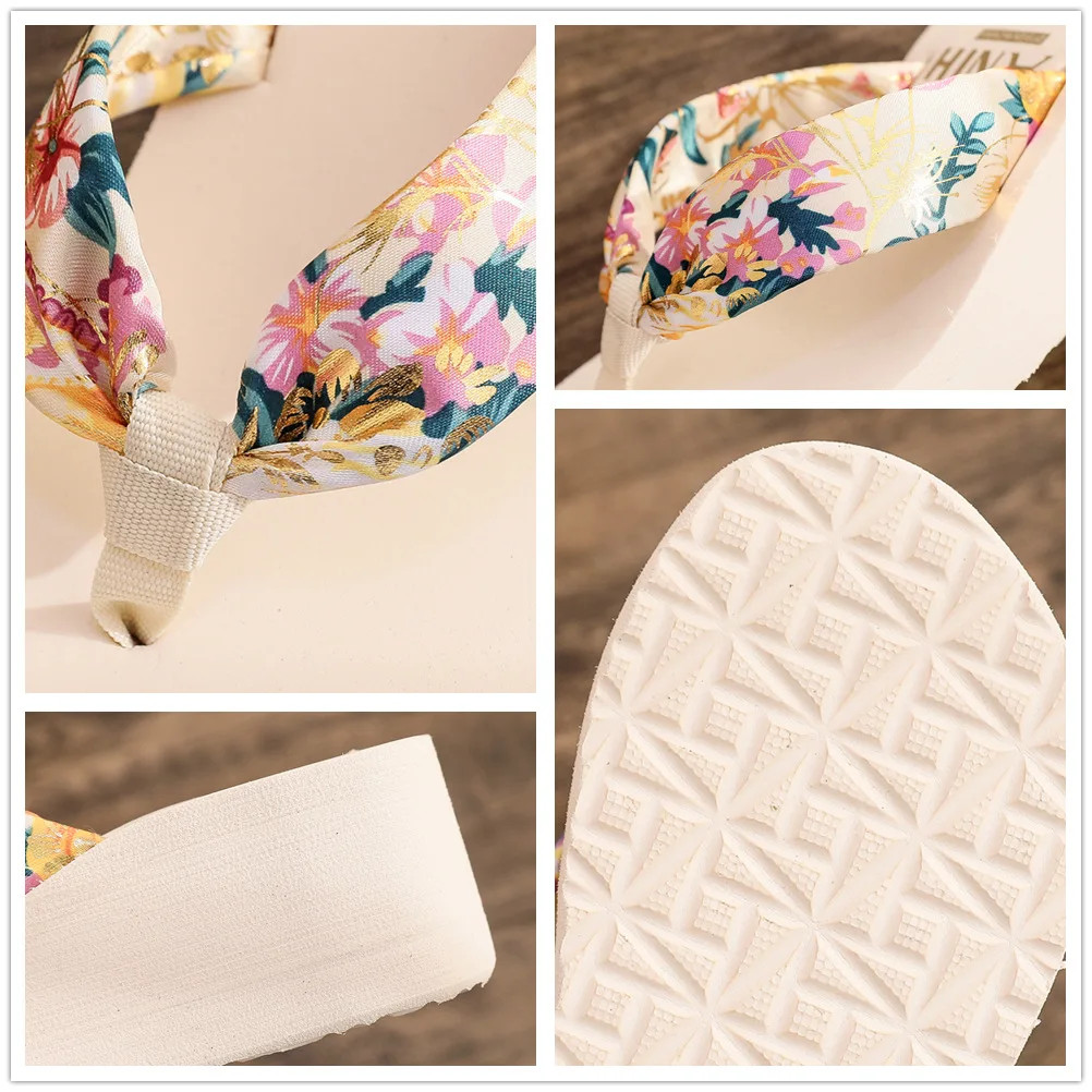 Women Summer Wedges Slipper Bohemian Satin Ribbon Female Flip Flop Ladies Beach