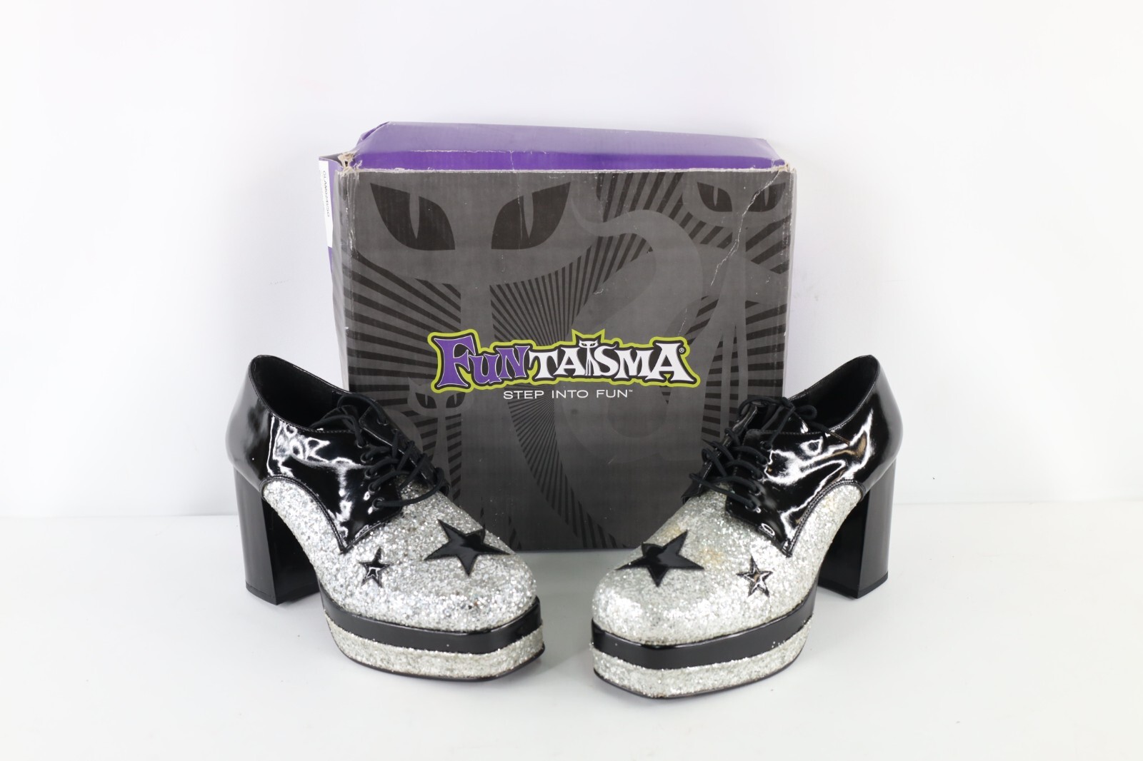 NOS Vtg Y2K Womens Large Size 12 13 Glitter Star Chunky Platform Heeled Shoes