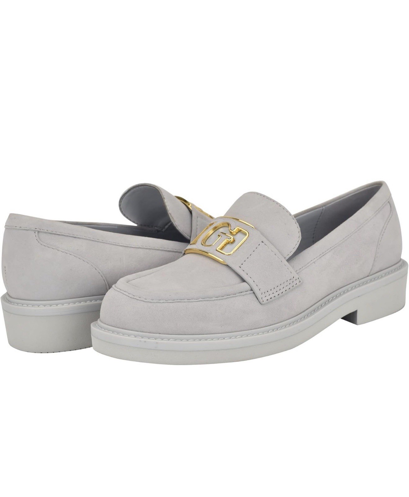 GUESS Women’s Gray Suede Slip-On Loafer Flats Round Toe Gold Logo Accent 7