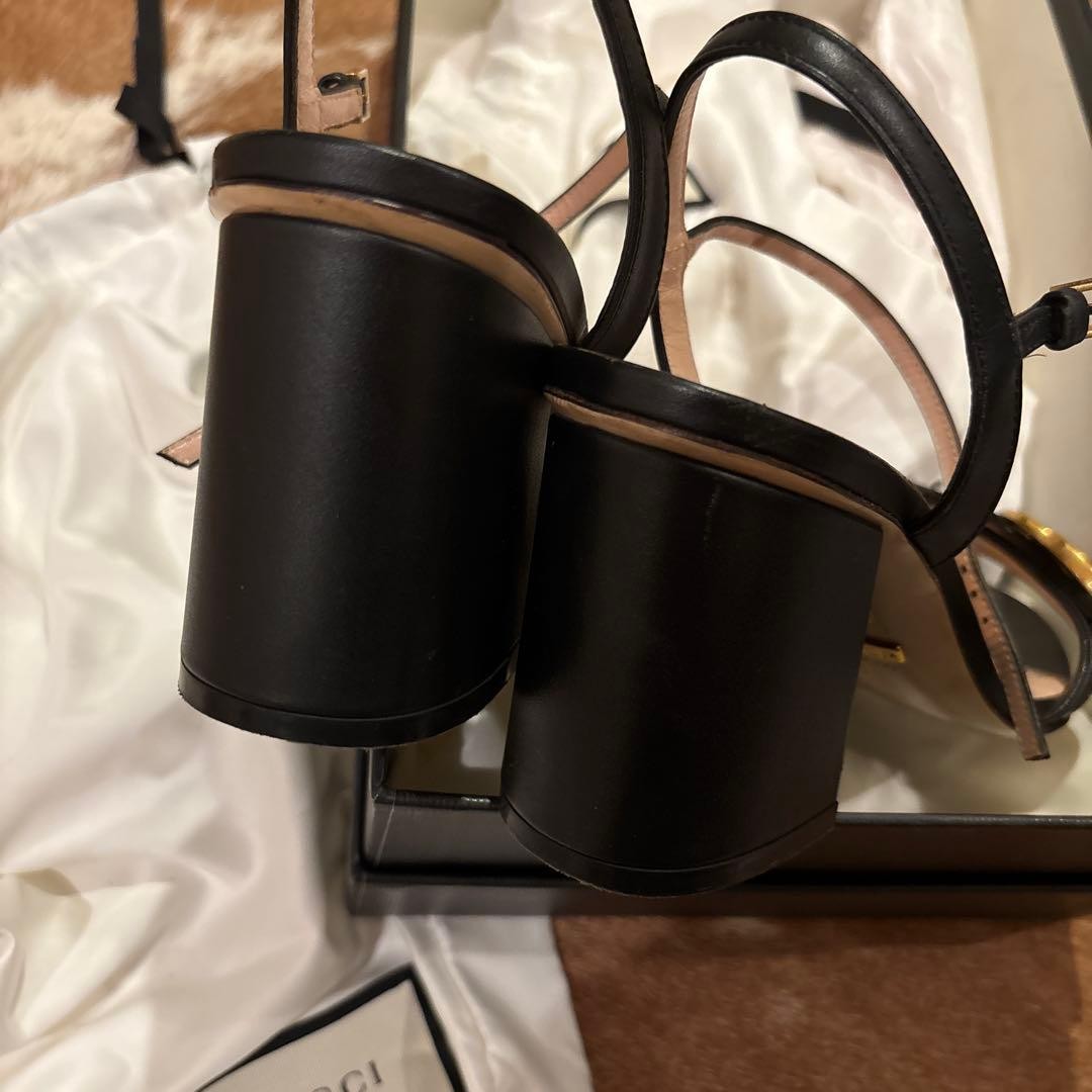 Gucci GG Marmont Leather Ankle Strap Sandals Black Chunky Heel Size 36 US 6 Box