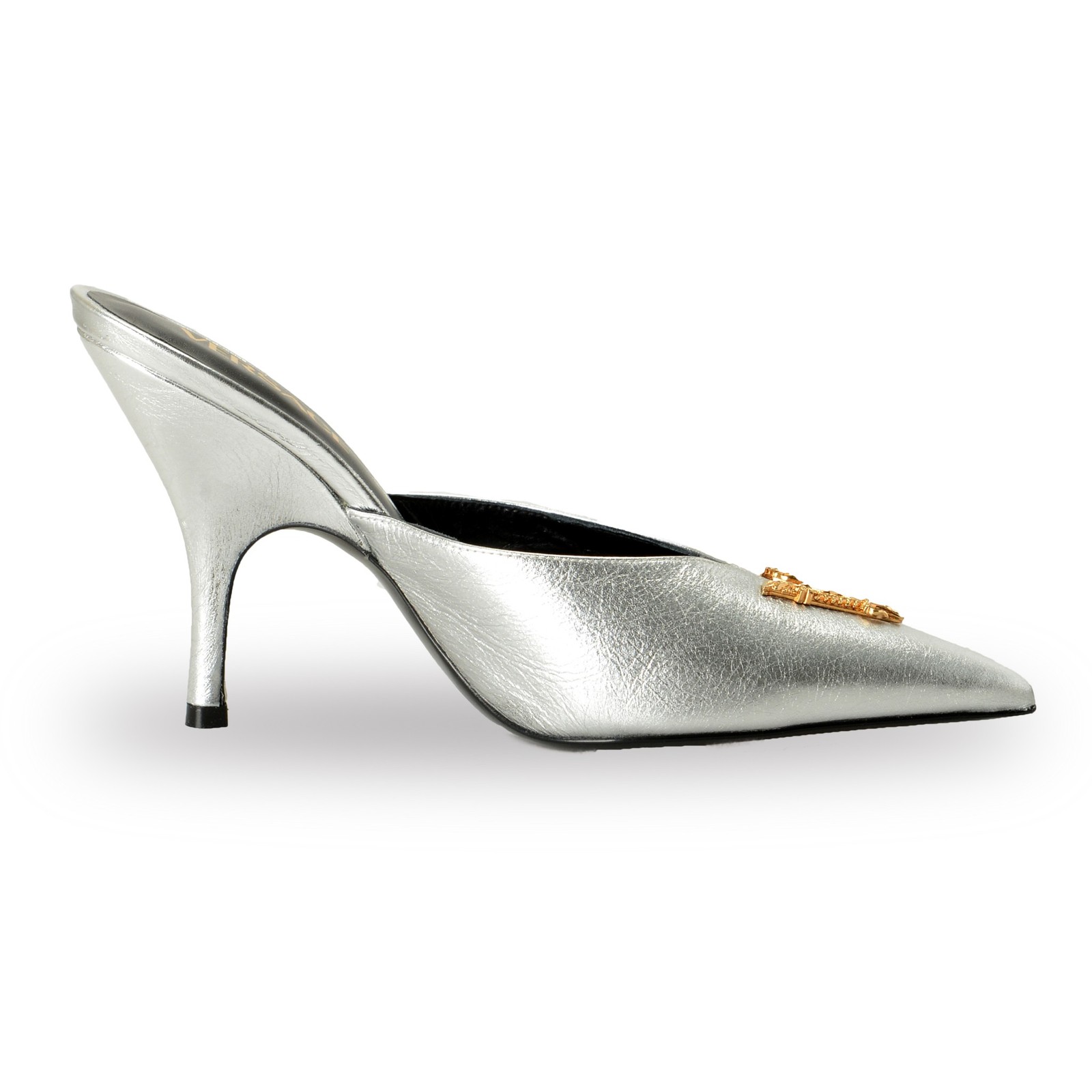 Versace Women’s V Logo 100% Textured Leather Heeled Mules Shoes US 6 IT 36
