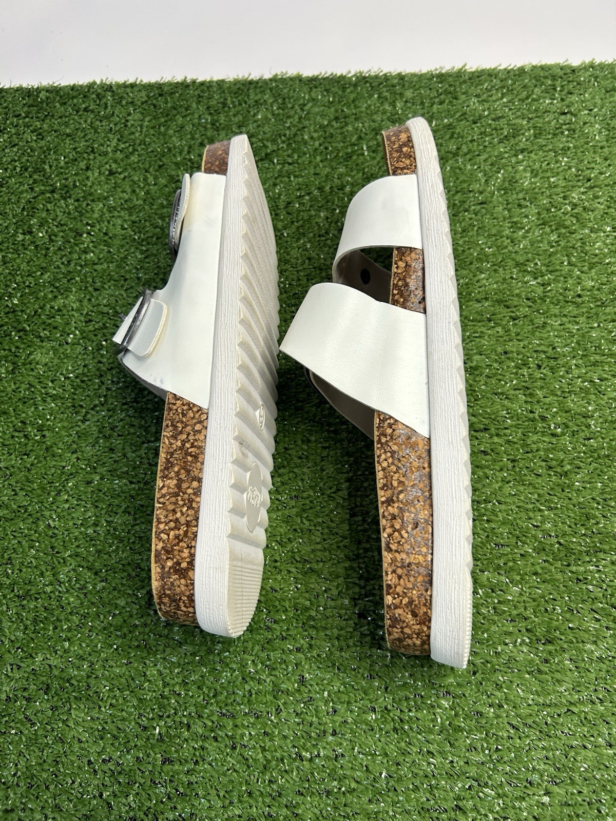 Mata Women’s Slide Sandals Double Buckle Synthetic Upper White/Brown Size 9