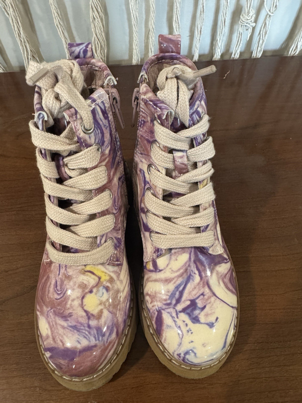 Steve Madden Tolowa Girl’s US 9 Purple/Beige Marble Ankle Combat Boot Lace+Zip
