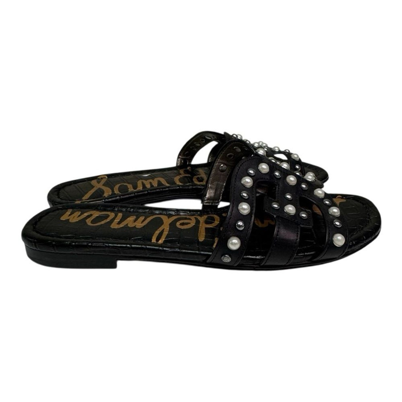 Sam Edelman Women Black Leather Studded Pearl Embellished Slide Sandals SZ 6.5