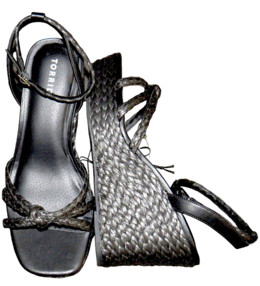 Torrid Black Strappy Braided Raffia Look Platform Wedge Sandals Size 12 WW
