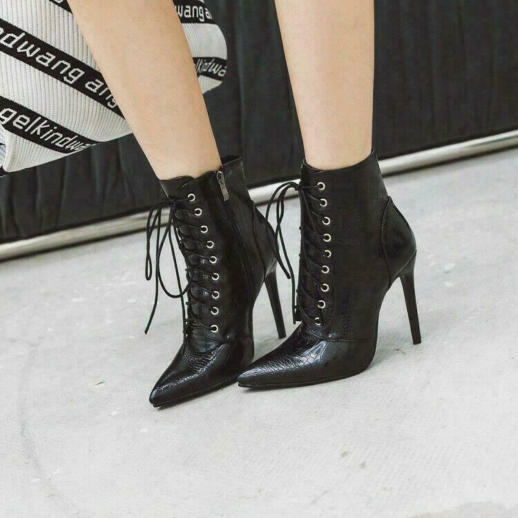 Snakeskin Pattern Women’s Lace Up Ankle Boots Stilettos Heels Shoes Pointed Toe