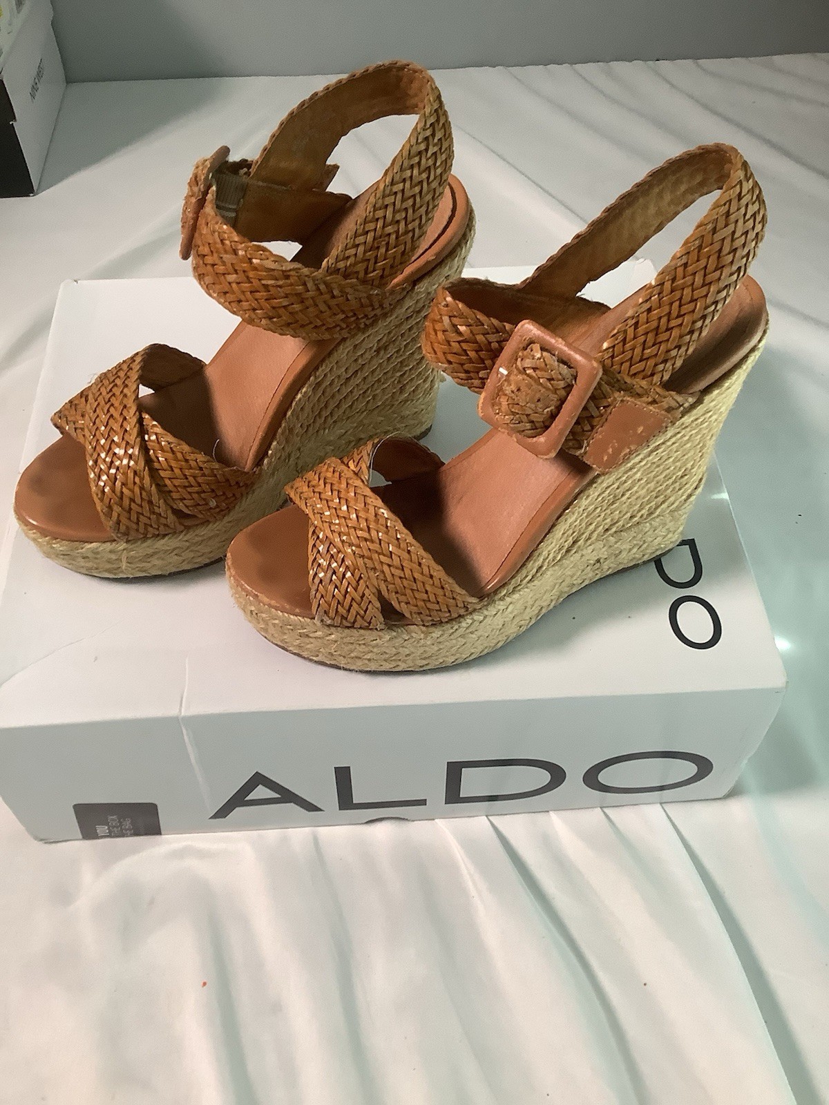 Aldo Wedge Platform Sandals Shoes Size 5.5 36b Tan With Box S2