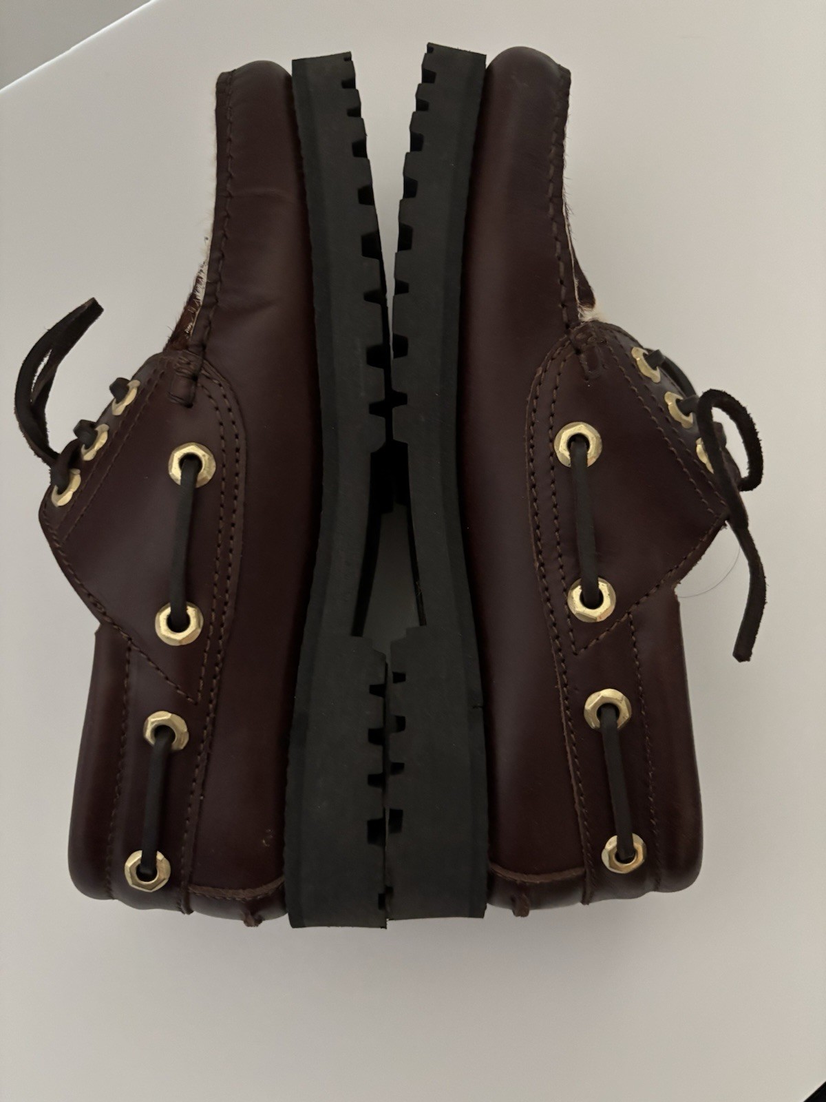 Anthropologie Maeve Lug Sole Boat Shoes Chocolate Brown Leather Cow Hair SZ 7.5
