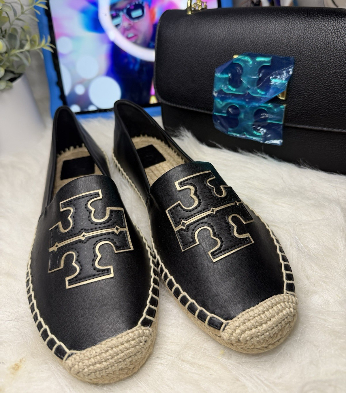 Tory Burch Women’s Leather Slip-On Logo Espadrille Flats Black/Beige 9.5