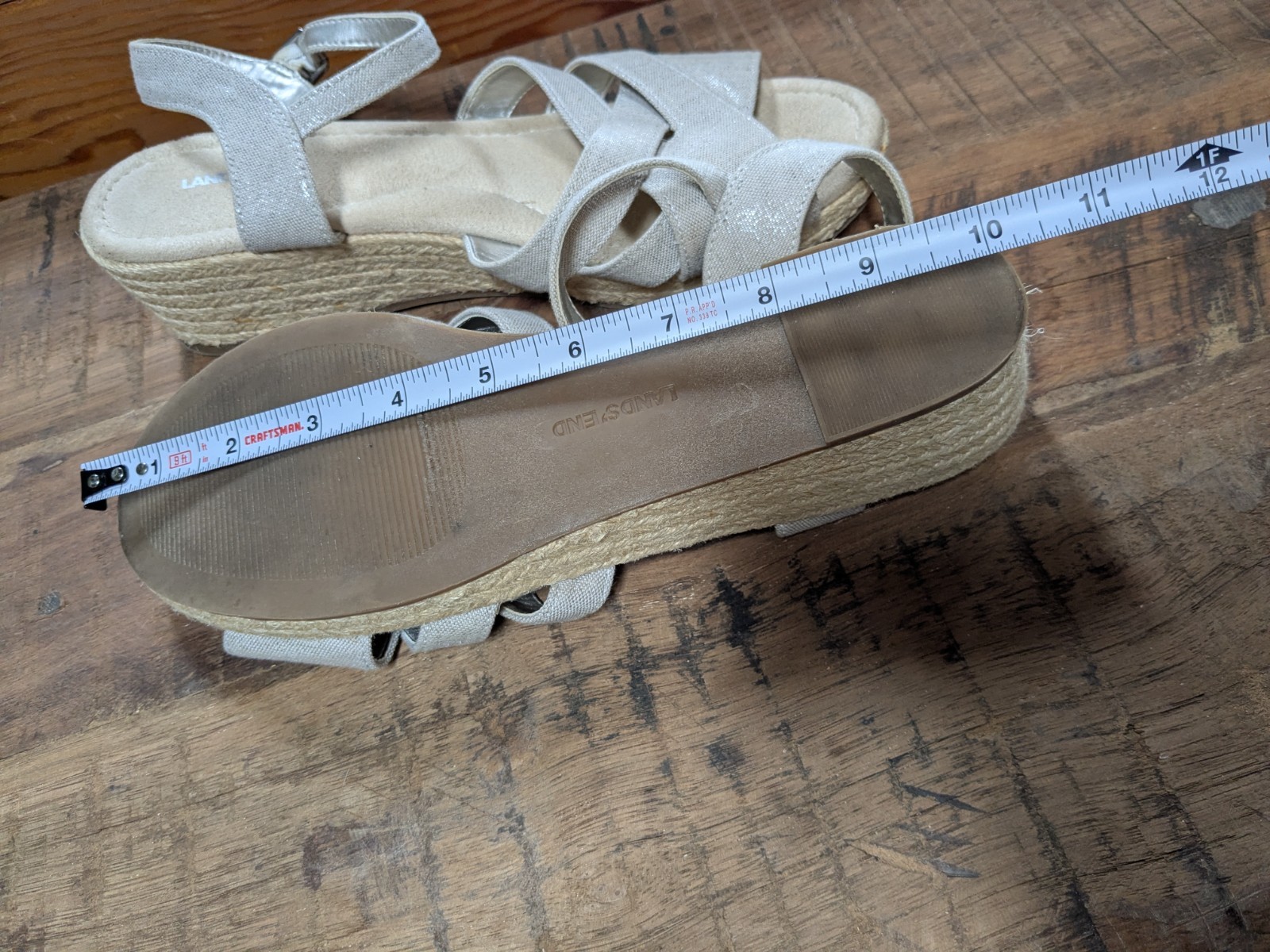 Lands’ End Espadrille Wedge Sandals, Silver Beech, Size 10