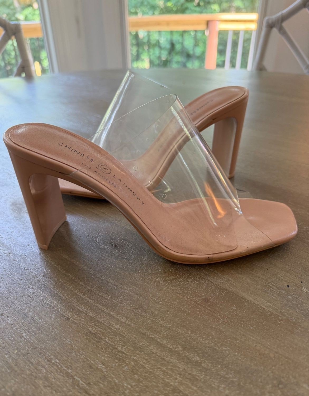 Chinese Laundry Nude Clear Strap Block Heel Sandals Size 8.5 Minimalist Chic