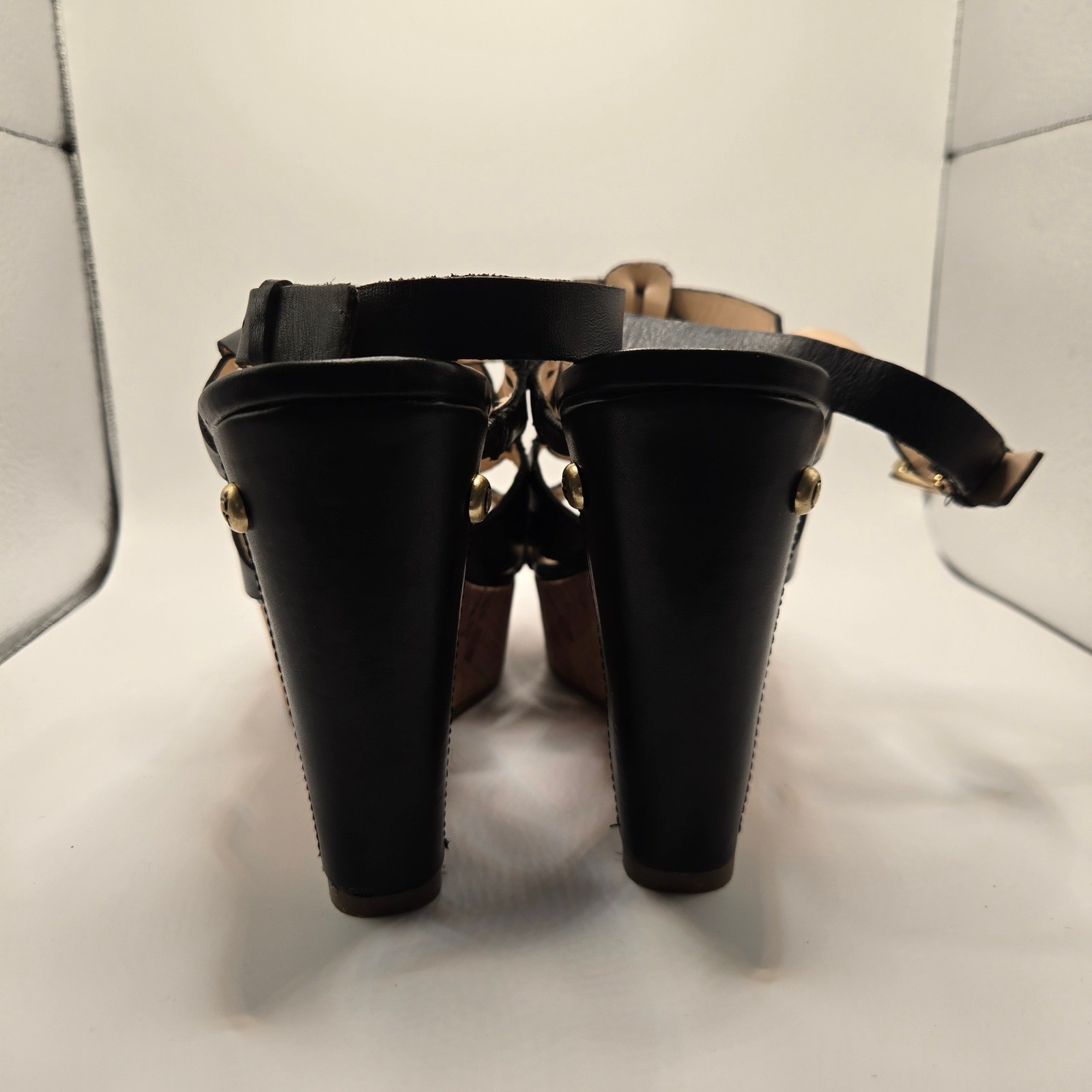 Guess Wedge Sandals Womens 8.5 Black Leather Cork Strappy Platform (S11)