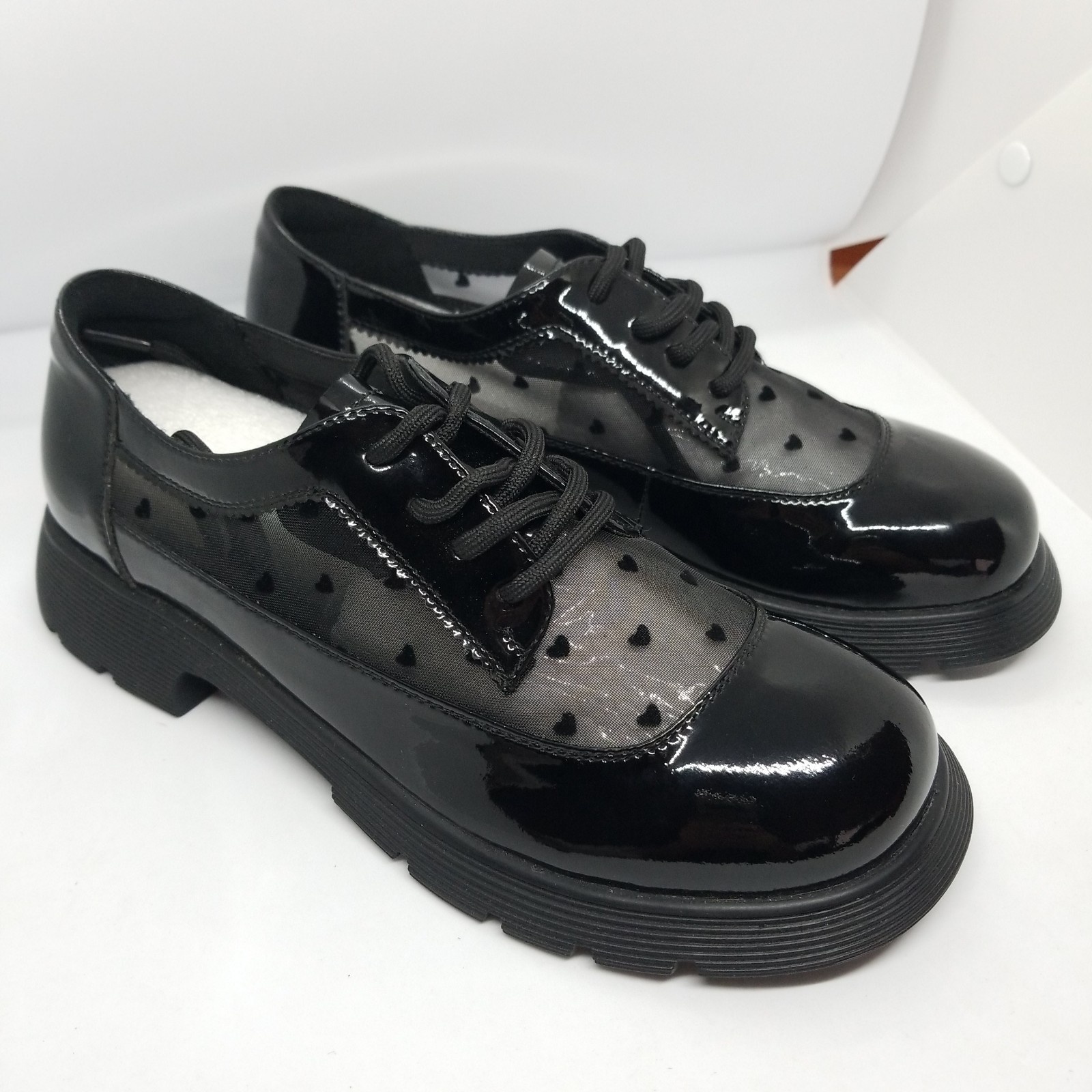 Size 8 Black Man Made Leather Black &Sheer Hearts Oxford Shoes Grunge