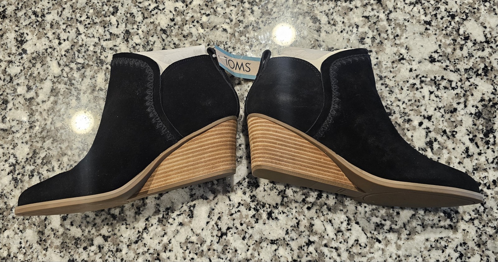 TOMS Kaia Women’s Black Suede Ankle Bootie Wedge Slip-On Round Toe 10