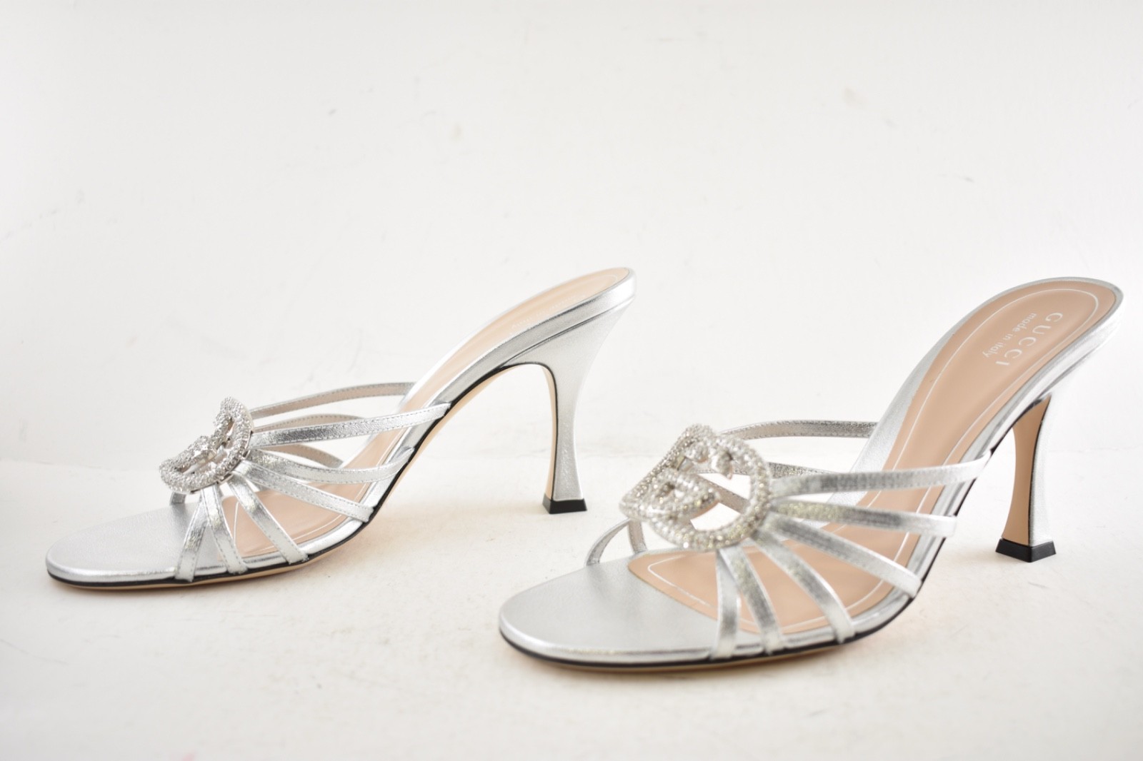 Gucci Interlocking G 85mm Silver Leather Crystal GG Logo Heel Mule Sandal 40