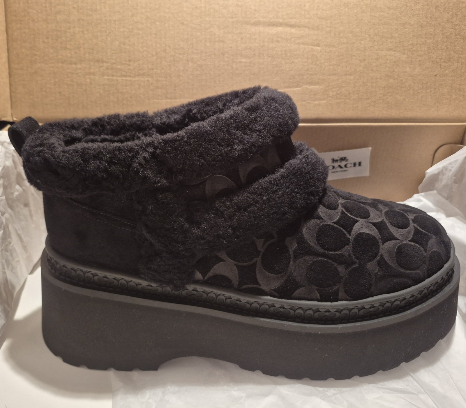 COACH CHRISTINA BOOTS SIGNATURE SHEARLING IN BLACK;SZ 9M;NIB;RET $165 SOLD OUT