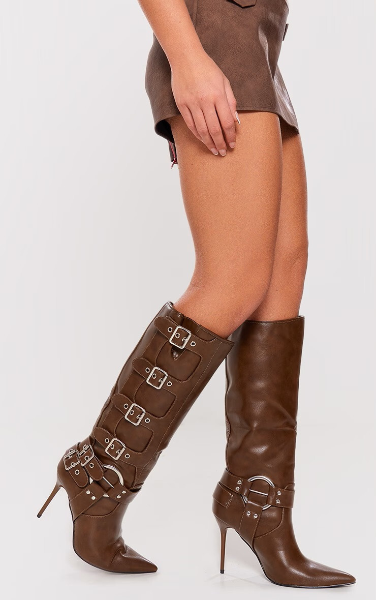 Pretty Little Thing Chocolate PU Point Toe Buckle Knee High Heel Boots Size 5