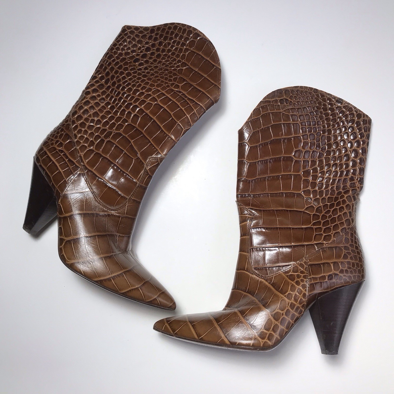 Toral Crocodile Embossed Leather Western Brown Heeled Boots Size 37