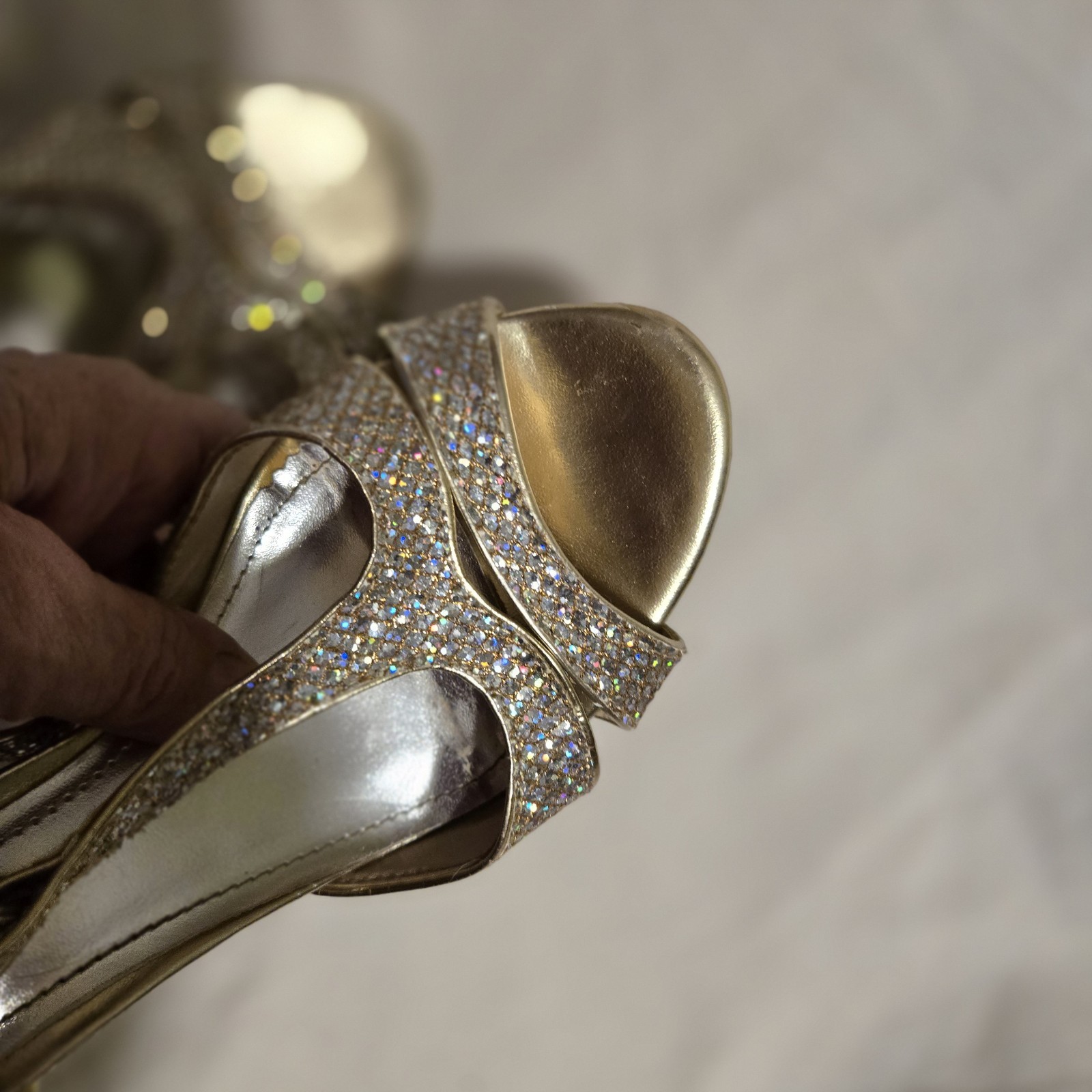 Women size 9 Gold Glitter Strappy Heels David’s Bridal Shoes Wedding Holidays