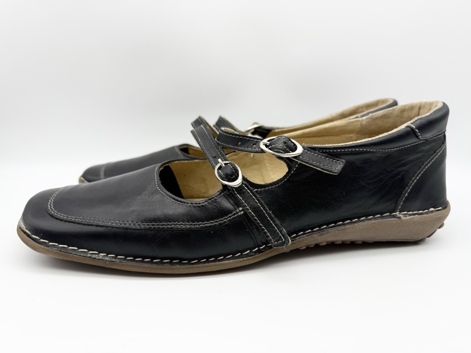 Roberto Women’s EU 40 Black Leather Double Strap Mary Jane Flats Made in Germany