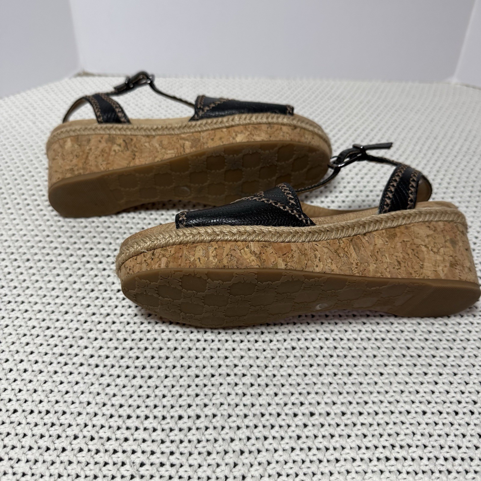 NURTURE Women 6.5 LILITHE Cork Wedge Sandals Heel Black Leather Stitch Platform