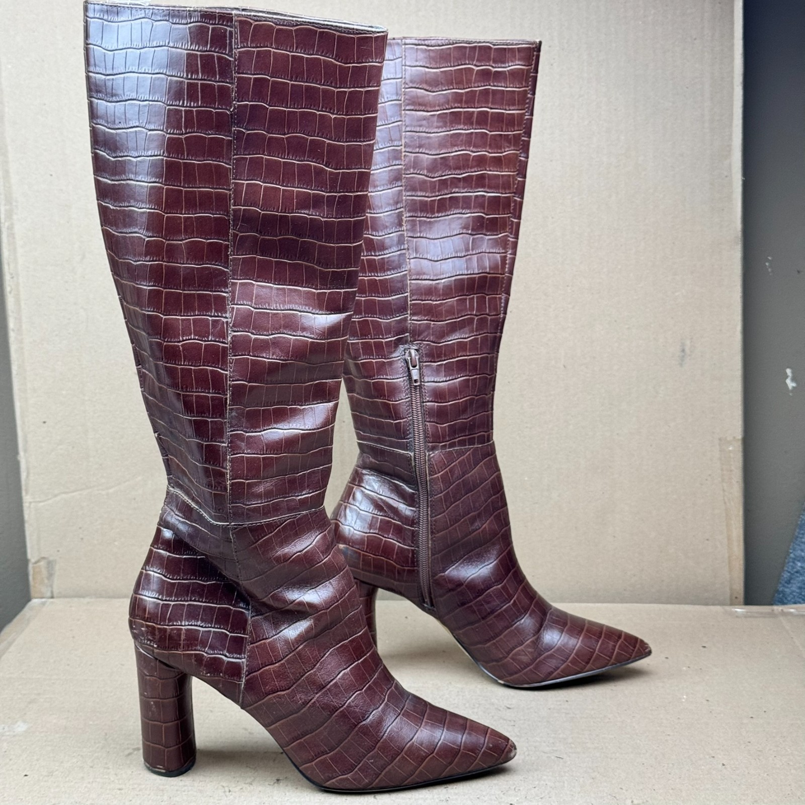 Aqua Women’s Brown Croc Embossed Leather Tall Heeled Boots Size 9 damage
