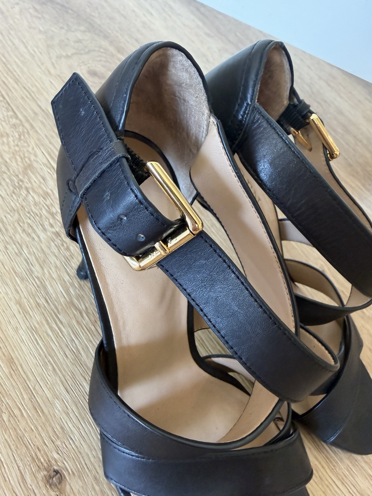 Lauren Ralph Lauren Black Leather Open Toe Ankle Strap Buckle Heels 7.5B