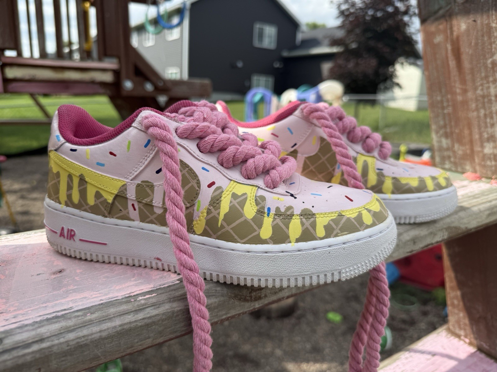 WMS 6.5 Custom hand painted “ Ice Cream and waffle “ AF1, with 8mm rope laces.